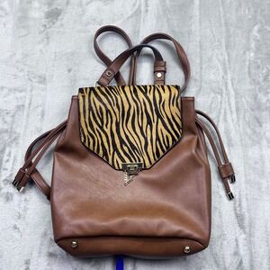 Dune London Brown Leather‎ Tiger Print Flap Backpack Purse Bag Boho Western EUC
